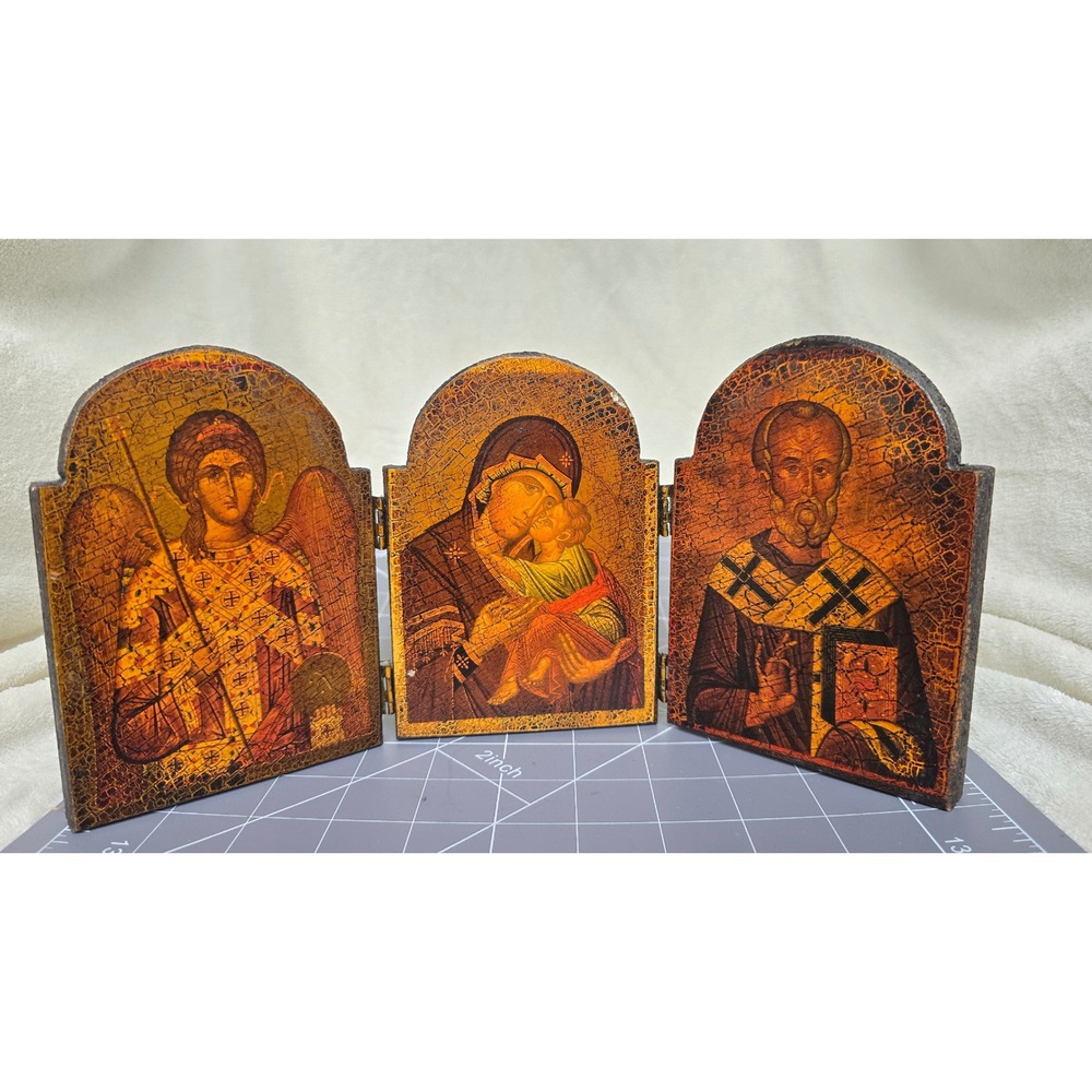 Vintage Religious Triptych Folding Wood Icon Madonna Child Archangel Saint Art